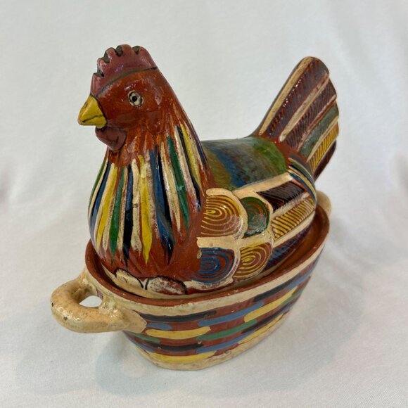 Vintage Hand-Painted Mexican Folk Art Ceramic Hen Covered Dish Tlaquepaque Oaxac - Picture 2 of 11